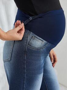 SHEIN Maternity Support Belly Wide Leg Jeans - Medium Wash - View 5