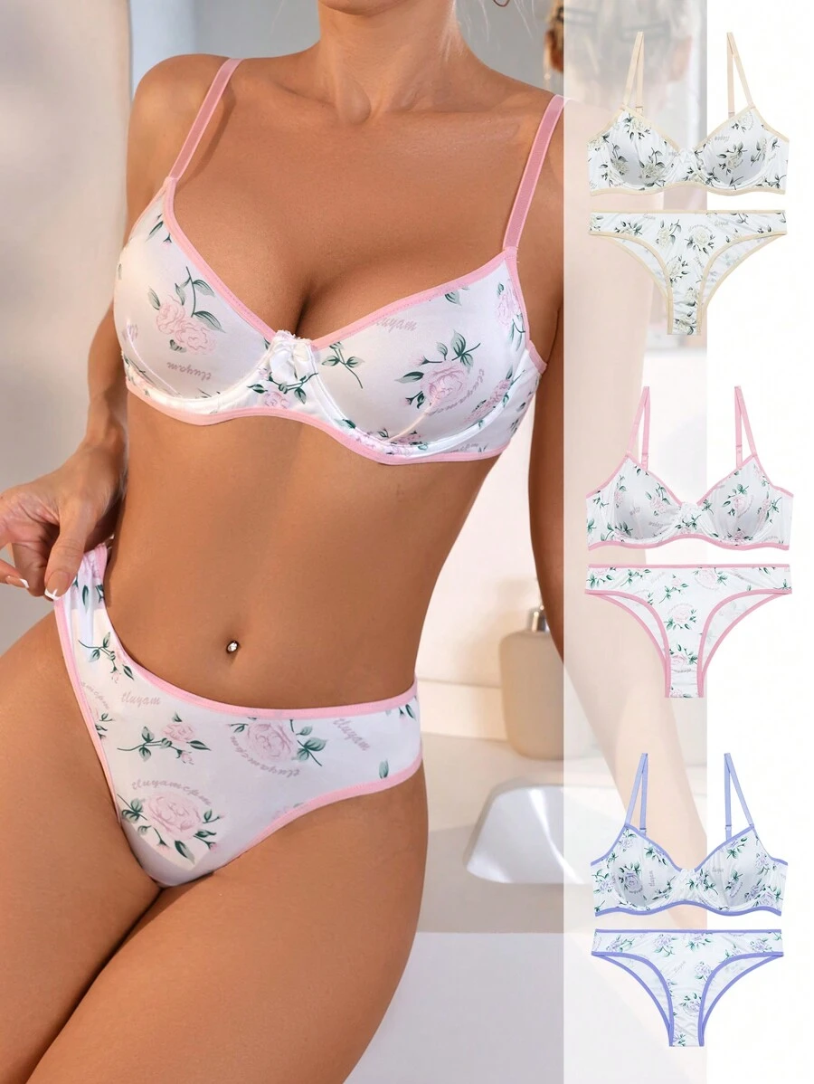 SHEIN Bộ đồ lót ngắn và áo ngực họa tiết hoa cho nữ - Nhiều màu - Xem 1