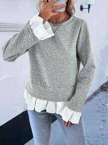 SHEIN LUNE Ladies' Color Blocking Fabric Ruffle Sleeve Sweatshirt Pullover Fall Outfit