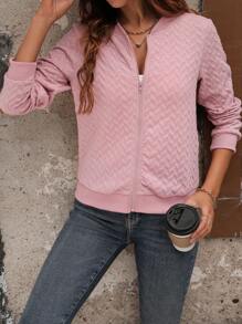 SHEIN LUNE 女款純色拉鍊開衫外套 - 粉色 - 查看 1