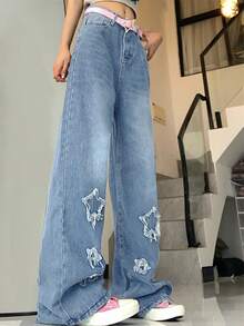 Star Pattern Wide Leg Jeans Without Belt - Dark Wash - View 6