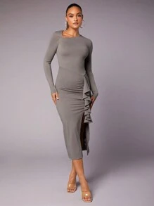 SHEIN BAE Asymmetrical Neck Ruffle Trim Split Thigh Dress - Grey - View 3