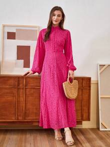 Anewsta Ladies' Long Sleeve Lace Rose Pink Dress Maxi Women Outfit - Hot Pink - View 4