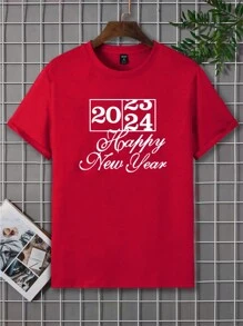 Manfinity 男士休閒字母標語印花圓領短袖t恤 - 酒紅色 - 查看 1