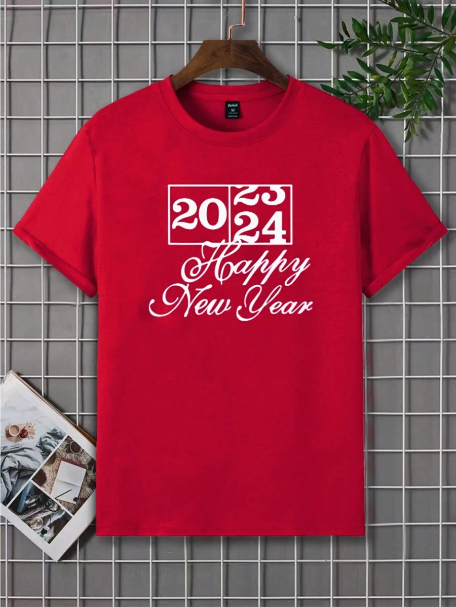 Manfinity 男士休閒字母標語印花圓領短袖t恤 - 酒紅色 - 查看 1