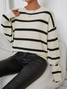 女士休闲撞色条纹落肩毛衣，适合春秋季穿着 - 黑與白 - 查看 1