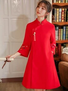 2023年冬季風厚羊毛外套女,新娘紅色修身旗袍連衣裙和及膝裙,適用於新年慶祝