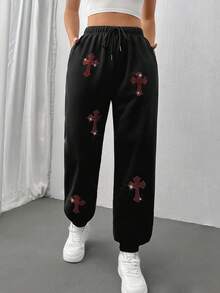 SHEIN Unity Women's Cross Drawstring Waist Sweatpants - Black - View 3