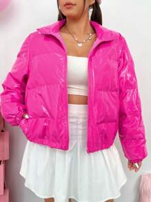 SHEIN EZwear Plus Size Side Pocket Zipper Padded Coat - Hot Pink - View 5