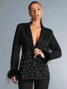 SHEIN BAE 女式毛皮袖口拼接翻領珍珠裝飾西裝外套 - 黑色 - 查看 3