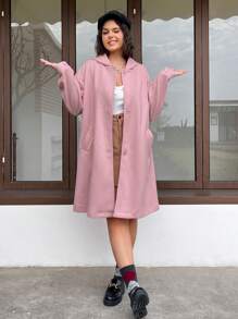 SHEIN EZwear Casaco De Lã Com Capuz E Tamanho Grande Para Mulheres Com Design De Ombro Caído