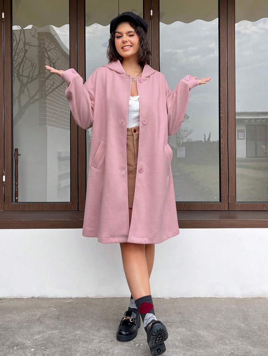 SHEIN EZwear Casaco De Lã Com Capuz E Tamanho Grande Para Mulheres Com Design De Ombro Caído