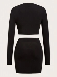 SHEIN ICON Women's Criss-cross Rhinestone Decor Cropped Top And Skirt Two Piece Set - Black - View 2