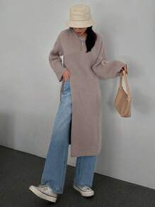 Dazy Star High-Slit Vòng cổ Dài Áo len - Màu Khaki - Xem 7