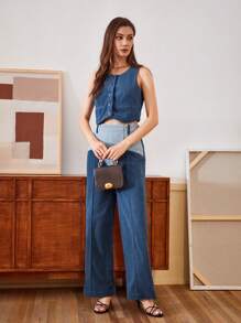 Anewsta 女式復古無袖上衣和長褲兩件套,拼接設計