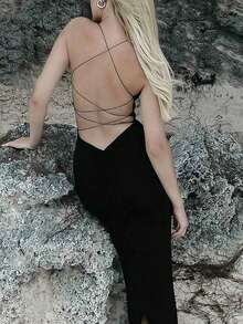 女士纯色简约性感露背日常修身海边度假聚会约会吊带辣妹长裙 - 黑色 - 查看 2