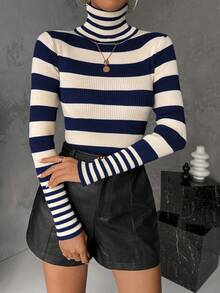 SHEIN Privé 女士條紋高領修身毛衣 - 彩色 - 查看 5