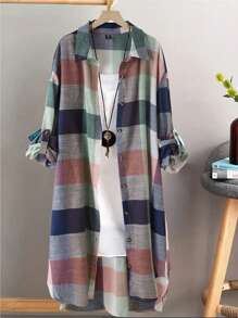 Linhara Plus Size Women's Striped Shirt Dress With Rolled-Up Sleeves