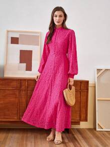 Anewsta Ladies' Long Sleeve Lace Rose Pink Dress Maxi Women Outfit - Hot Pink - View 3
