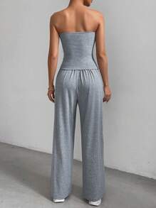 SHEIN Essnce 女款純色紐扣細節褶皺抹胸上衣和褲子兩件套 - 淺灰色 - 查看 2