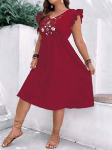 SHEIN Clasi 大碼花卉刺繡荷葉邊洋裝 - 紅色 - 查看 3