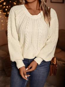 SHEIN LUNE Plus Size Cable Ribbed Sweater Knit Pullover Fall Winter Sweater - Apricot - View 2