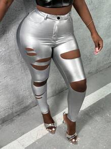 Slaydiva Distressed Skinny Pants - Silver - View 1