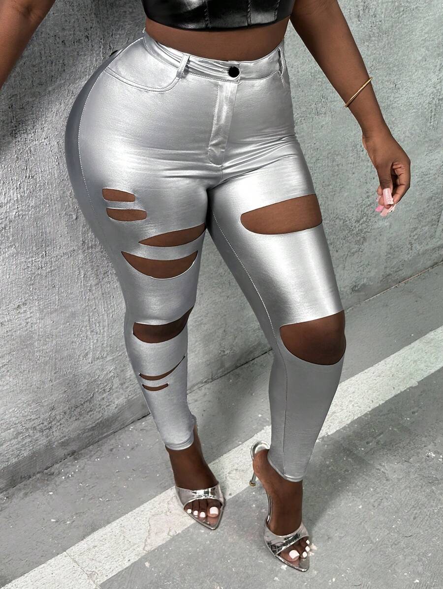 Slaydiva Distressed Skinny Pants - Silver - View 1