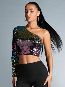 SHEIN BAE Women's One Shoulder Sequin Cropped Top - Hot Pink - View 6