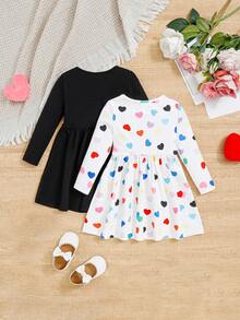 SHEIN 女嬰休閒心形圖案長袖 A 字洋裝搭配馬甲 2 件套 - 彩色 - 查看 2