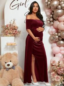 SHEIN Maternity Off Shoulder Solid Color Pleated Split Hem Dress - Burgundy - View 6