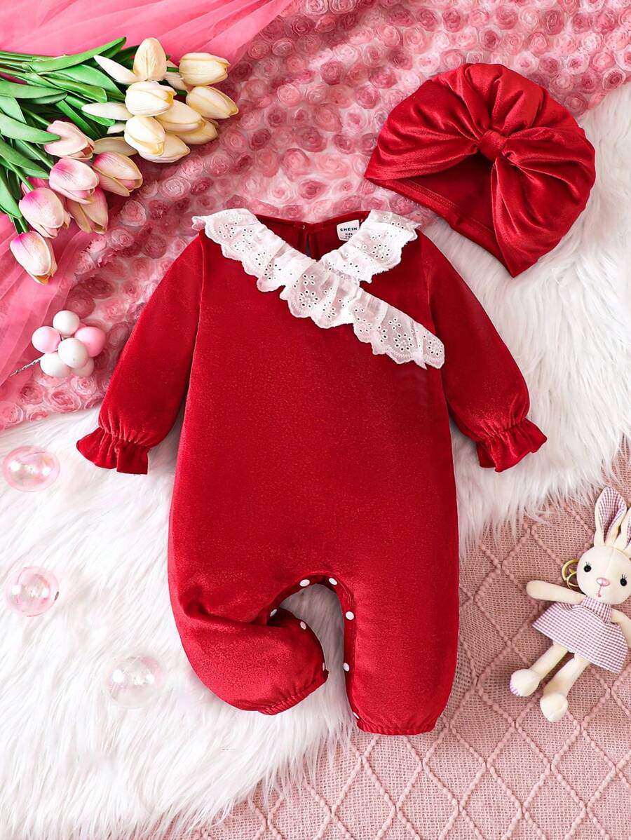 少女優雅花邊長袖連身褲,適用於秋季 - 紅色 - 查看 1