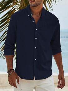 Men's Casual Button Up Long Sleeve Shirt, Fall - Navy Blue - View 4