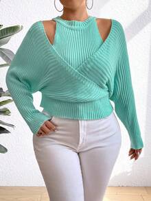 Celure Plus Size Solid Color Hollow Out Wrap Sweater Pullover Knit Pullover Fall Winter Sweater - Mint Green - View 6