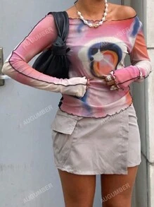 Women's Long Sleeve Fashionable Y2K Ruffle Hem Tie-Dye T-Shirt