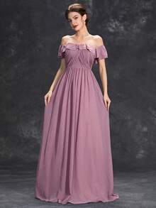 Off Shoulder Ruffle Trim Chiffon Bridesmaid Dress - Redwood - View 4