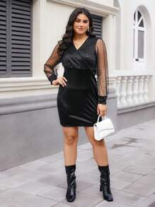 SHEIN Unity Plus Size Mesh Contrast V-Neck Bodycon Dress - Black - View 4