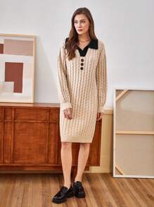 SHEIN Unity Women'S Cable Knitted Sweater Dress With Splicing Collar, Button Details - Apricot - View 3
