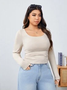 SHEIN EZwear 米色針織長袖女式t卹 - 米色 - 查看 5