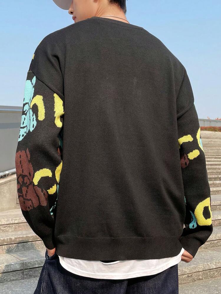 Men's Loose Fit Sweater With Bear & Letter Design