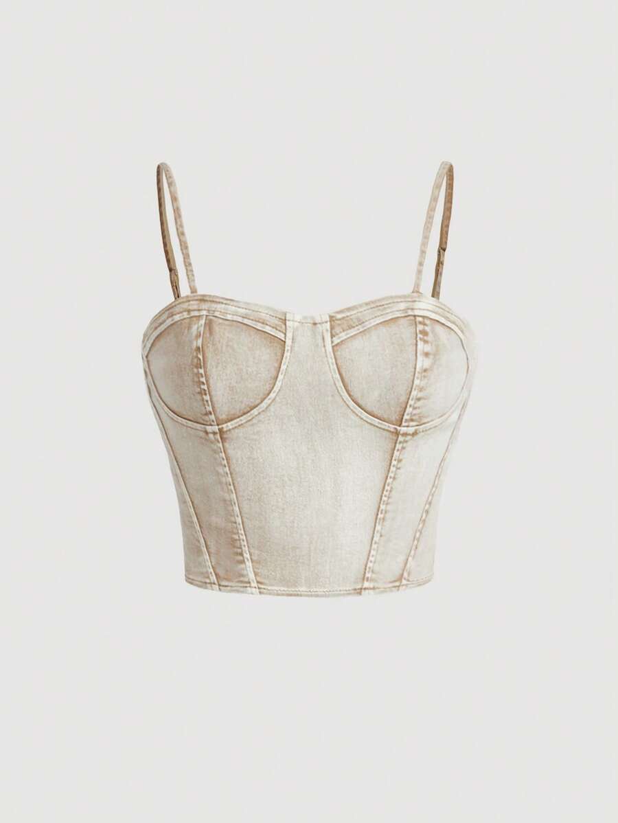 SHEIN Female Teenagers New Fashion Y2k Tight Stretch Khaki Denim Halter Top