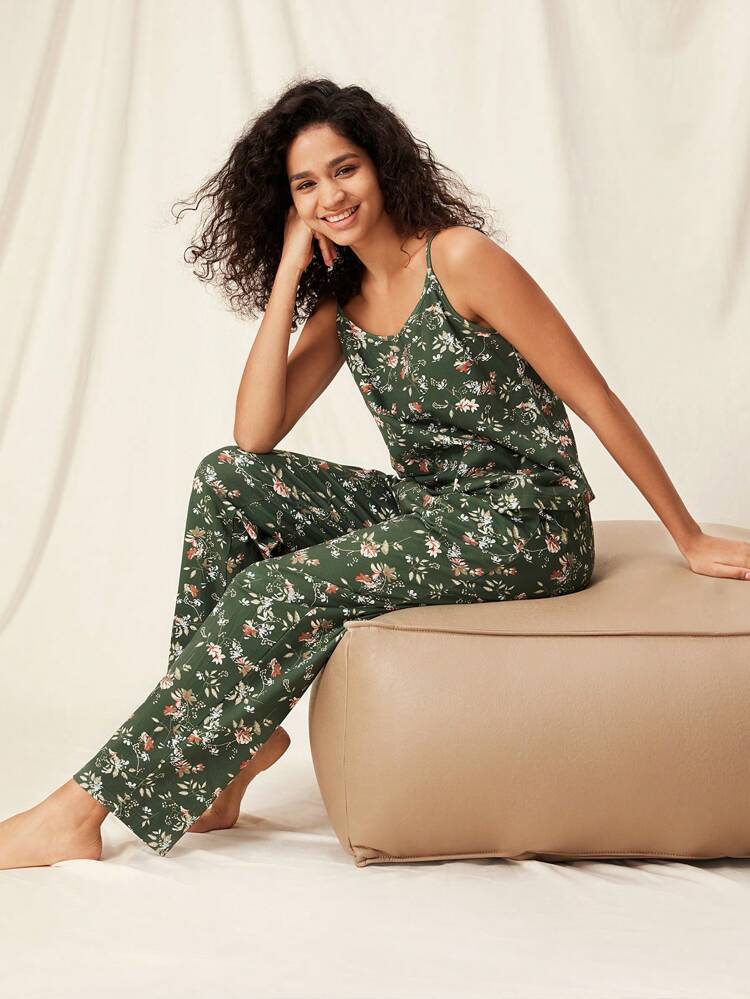 Conjunto de pijama de mujer de pantalón y camiseta de tirantes de algodón suave con estampado floral pequeño, conjunto de lencería y ropa de estar en casa