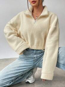 SHEIN Unity 女士短款毛绒休闲时尚套头卫衣秋季卫衣 - 杏色 - 查看 6