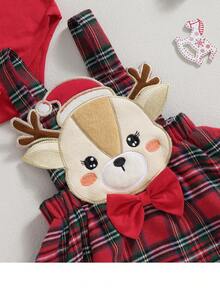 寶寶女孩聖誕麋鹿印花荷葉邊連身衣和方格蝴蝶結前襟連身裙和頭帶