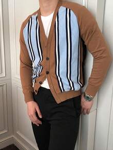 NITAGUT Nam Sọc Nút-Mặt trước Áo len Mở - Màu Khaki - Xem 4
