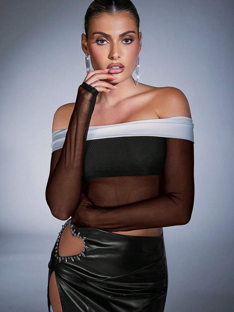 Off Shoulder Colorblock Mesh Top