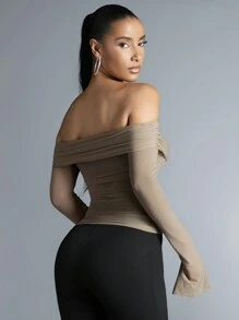 SHEIN BAE 女士露肩褶皺上衣 - 卡其色 - 查看 2