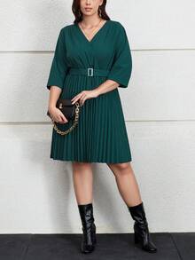 SHEIN Privé 女士加大碼打摺v領裙 - 墨綠色 - 查看 3