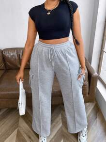 Flirla 大尺碼女款純色工裝運動褲 - 灰色 - 查看 4