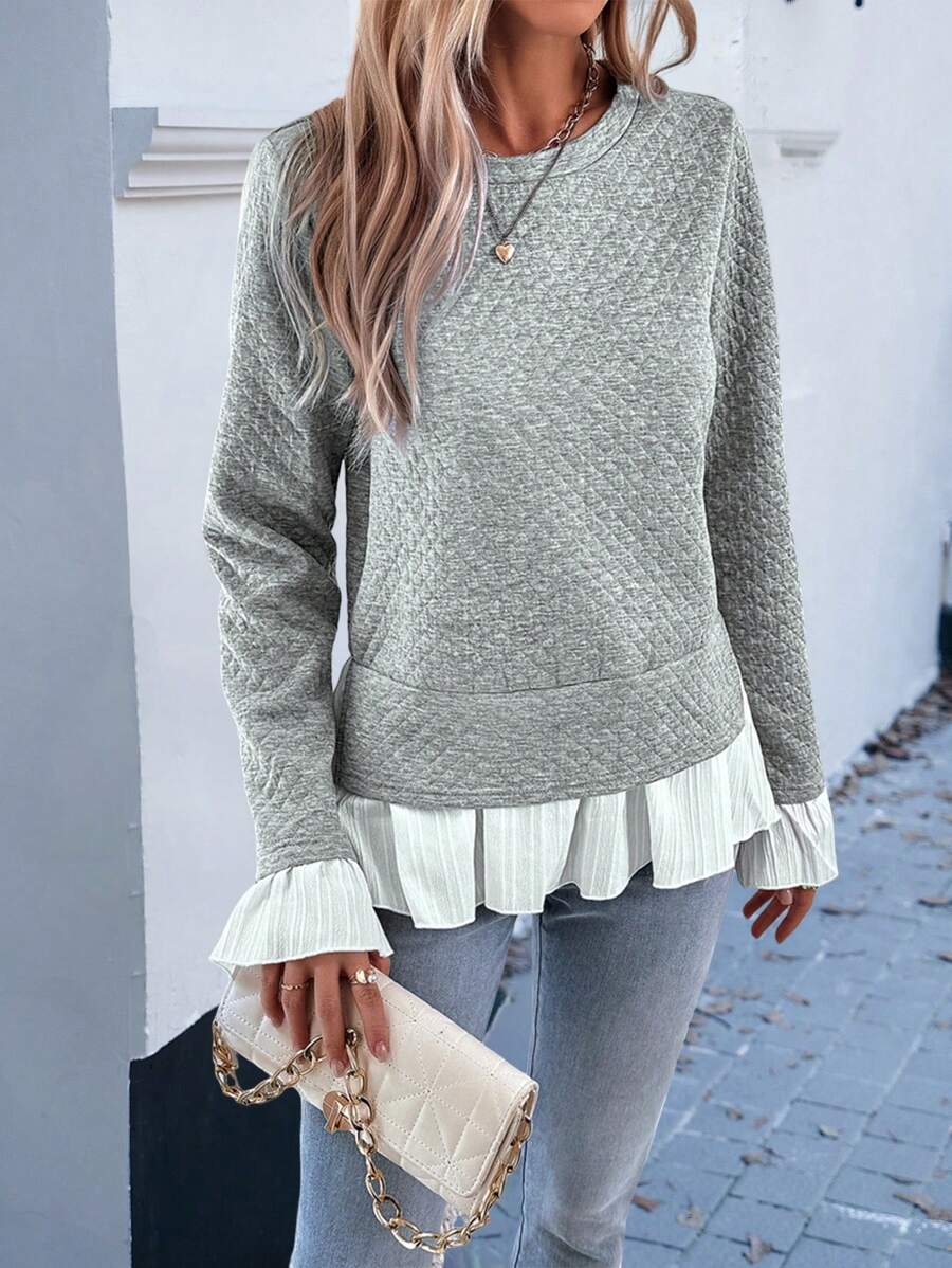 SHEIN LUNE Ladies' Color Blocking Fabric Ruffle Sleeve Sweatshirt Pullover Fall Outfit